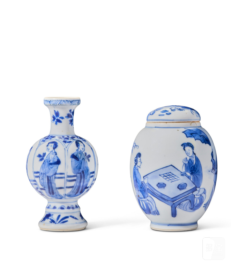 清康熙 青花人物紋瓶及蓋罐 一組兩件  CHINA, QING DYNASTY, KANGXI PERIOD (1662-1722)
